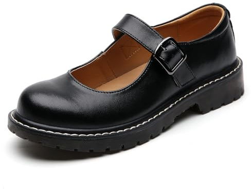 XMM Mary Jane Shoes Women Oxford Shoes Leather Round Toe Flats Non-Slip Ankle Buckle Strap Comfort Casual Dressy Cosplay Party School Work Shoes Black US 9.5