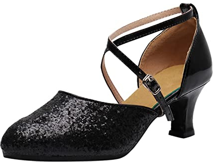 Tanzschuhe Glatt Damen Lateinischer Absatz Mode Geschlossene Tango-Schuhe Damen Eckig Modern Jazz Samba Sommer Sandalen mit Standardabsatz Tanzsaal Walzer Kizomba für Party, Schwarz , 42 EU