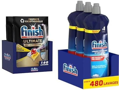 Finish Ultimate Infinity Shine x160 Capsules Lave-Vaisselle + Liquide de Rinçage Brillance et Séchage x3 Produit Lava-Vaisselle