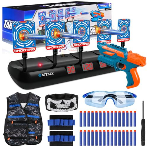 BUOAZR Zielscheibe für Nerf, 5 Ziele Zielscheibe Elektrisch mit Licht und Sounds, Auto Reset Zielscheiben Schießspiele Toy mit 30 Foam Darts Pfeile Zubehör Set, Spielzeugfür 6 7 8 9 10 Jahre Kinder