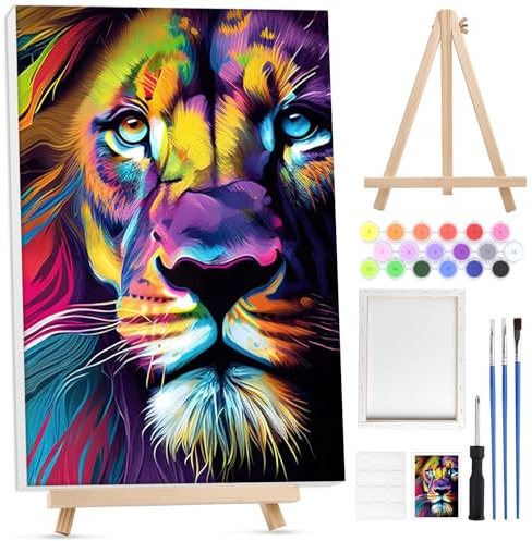 Lxmsja León Pintar por Numeros Adultos con Marco, con Caballete de Madera, DIY Cuadros para Pintar por Números León, Animal Pintura Acrilica Lienzos Manualidades Decoracion Hogar Pared 20x30cm