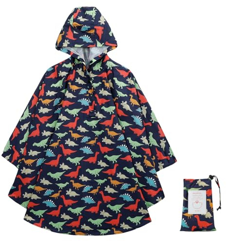 KAKU NANU Kids Poncho Waterproof Rain Poncho Reusable Toddler Rain Coat for Girls Boys Navy Blue Dinosaur 6 7 8 9 10 11 12 Years