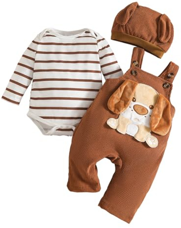 UUAISSO Vestiti per Neonato Maglie a Maniche Lunghe a Righe con Stampa di Dinosauri Tuta Regolabile con Bretelle Pantaloni Set di Abiti Cachi a righe 12-18 mesi