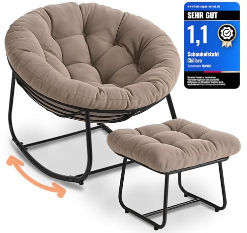 Chillevo Chillzeit Schaukelstuhl mit Fußablage [Testsieger] Wetterfest Schaukelsessel Ergonomisch Rocking Chair für Wohnzimmer Garten Balkon & Terrasse XXL Outdoor belastbar bis 180kg (Cremebraun)