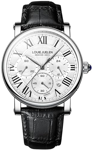 LOUIE JUELEN Watches Men Luxury Chronograph Waterproof Luminous Analog Quartz Calendar Leather Strap Wrist Watch (Silver Shell, White Face, Black Belt)