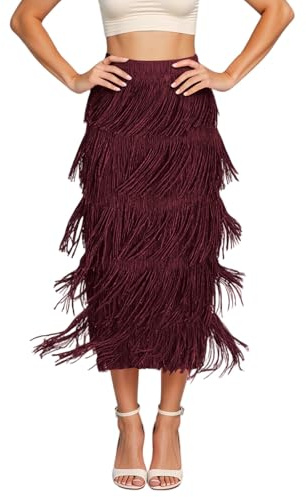 Jupe à franges plissées pour femme - Jupe longue à franges - Jupe élastique élégante - Jupe midi à pompons - Jupe de danse latine - Jupe tango - Samba - Salle de bal - Robe de danse - Festival - Robe