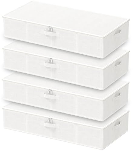 GUOHNHE Caja de Almacenaje Bajo la Cama, Plegable Organizador Armario para Ropa con Tapa, Tela Duradera, Para Lavable, Mantas, Sábanas, Zapatos, Paquete de 4, Blanco, 80 x 40 x 15 cm, XSNY20WL-4