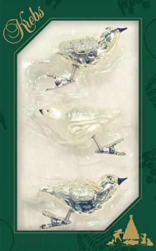 Krebs Glas Lauscha - Christbaumschmuck aus Glas - Vögel in Silber/Satin auf Clip - Größe ca. 11 cm - 3 Stück