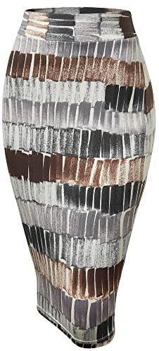MBJ WB1304 Womens Print Midi Pencil Skirt XL Black_Brown