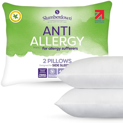 Slumberdown Anti Allergy Pillows 2 Pack - Allergy UK Approved Firm Support Back & Side Sleeper Pillow for Allergy Sufferers | Anti Bacterial Cover, UK-Made & Washable (48 x 74cm)