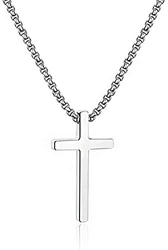 M MOOHAM Stainless Steel Cross Pendant Necklaces for Men Pendant Chain 24 Inch Silver, Fathers Day Christian Religious Baptism Gifts Jewelry for Teenage