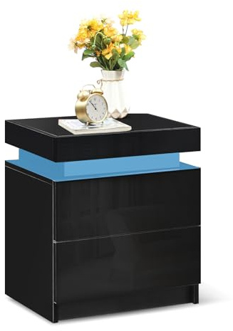 TUKAILAi Black Bedside Table with LED Lights, High Gloss 2 Drawers and Top Storage Bedside Cabinet Nightstand Chest of Drawers for Bedroom Living Room