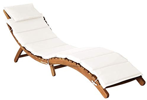 Tidyard Lettino Prendisole Pieghevole in Legno Massello d'Acacia con Cuscini Crema,Sdraio da Giardino Pieghevole in legno,Lettino da Giardino Pieghevole,Lettino da Sole Pieghevole 184x55x64 cm
