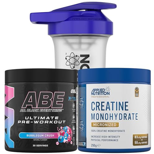 Applied Nutrition Bundle ABE Pre Workout 375g + Creatine 250g + 700ml Protein Shaker | All Black Everything Pre Workout Powder, Energy & Performance with Creatine, Beta Alanine (Sour Gummy Bear)