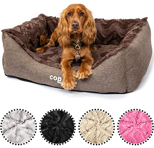 CopcoPet Hundebett Pia Braun 60 x 50 cm – Kuscheliges Körbchen mit Plüsch & Canvas – Waschbar, rutschfest & pflegeleicht – Mit erhöhtem Rand – Für kleine Hunde