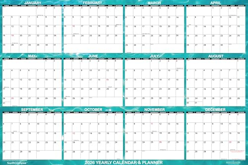 SwiftGlimpse 2026 Wall Calendar, 24 x 36 Designer Series, Large, Erasable, Yearly Wall Planner (Cool Water)