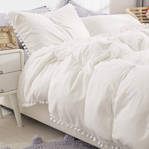 King Size Duvet Cover Sets White Bedding 3Pcs Stylish Pompom Tassels Design Soft Washed Microfiber with Zipper Closure (White, 230x220cm)