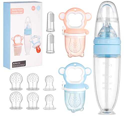 LEADSTAR Fruchtsauger Baby, 11 Stück Silikon Fruchtschnuller Obstsauger Schnuller Beißring Lebensmittelausgabelöffel Fingerzahnbürste Sauger für Obst Gemüse Brei für Baby Kleinkind ab 4 6 8 12 Monate