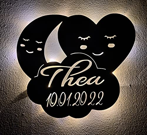 Designbysh Personalisiertes Baby-Geschenk Taufgeschenke Geschenke zur Geburt Taufe mit Namen Junge Mädchen Jungs Nachtlicht Schlummerlicht Mond und Wolke