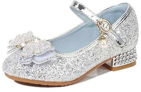 Monissy Princesse Fille Chaussure à Talon Enfant Ballerine Paillettes Papillon Danser Date d'anniversaire Fête des Enfant Sandales Mariage Halloween Noël Carnaval Cosplay Déguisement,Argent,25