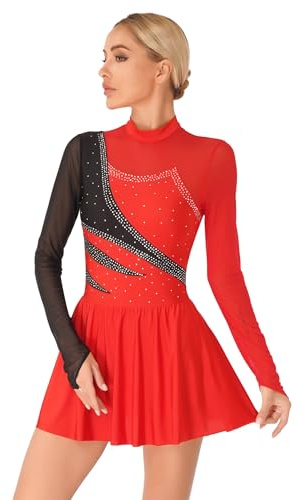 Runhomal - Vestido de baile salsa latina para mujer con pedrería, vestido de patinaje artístico para adulto, manga larga, leotardo, gimnasia, rumba ballet, traje de baile lírico S-XXL, rojo, XL