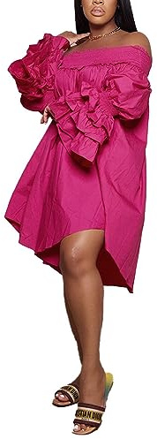 WOKANSE Women Ruffle Bell Long Sleeve Dresses Loose Babydoll Swing Irregular Hem Shirred Plus Size Midi Dress Rose Red XL