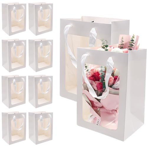 10 Stück Kraftpapier Geschenktüten mit Fenster, Kraftpapier Tüten Geschenktaschen Einkaufstaschen Papiertüten mit Henkel für Geburtstag, Hochzeit, Party, Lebensmittellagerung und mehr (30×20×16cm)