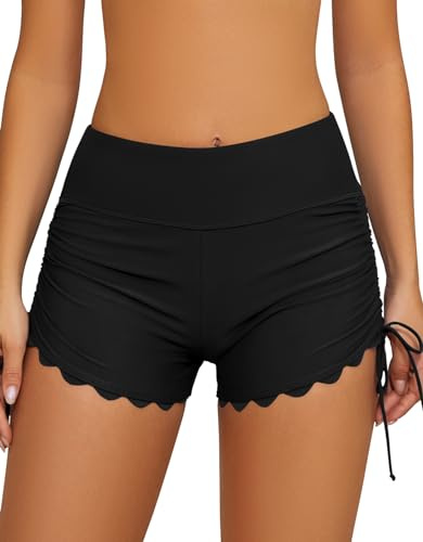 SHEKINI Pantaloncini da Bagno a Vita Alta da Donna Cravatta Laterale Costume da Bagno Bottoms Board Shorts（L，Nero）