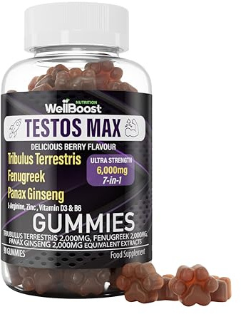 WellBoost Testos MAX Strength Gummies - 6000mg 7-in-1 Tribulus, Fenugreek, Ginseng, L-Arginine, Zinc, Vitamin D3 & B6 - Vegan, Sugar-Free, Berry Flavour - Supports Muscle Growth & Vitality for Adults
