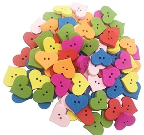 100 botones de madera de corazón coloridos para tejer, costura, tarjetas, manualidades, 20 mm, botones decorativos para ropa de niños, niñas, costura, botón de madera, 2 agujeros, hecho a mano