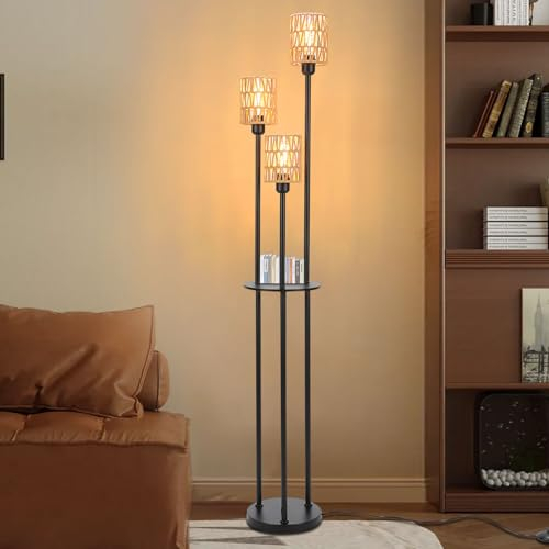 Winverty Lampadaire Rotin Boho avec Étagère 3 Lumières, Abat-jours en Rotin et Interrupteur à Pied, Style Industriel Noir pour Salon Chambre Bureau, Douille E27, 1.66M