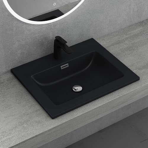 doporro Waschbecken mineralguss Einbauwaschbecken mineralguss 60x48x14 cm anthrazit matt Einbauwaschtisch mit Überlauf Waschtisch Handwaschbecken Col02