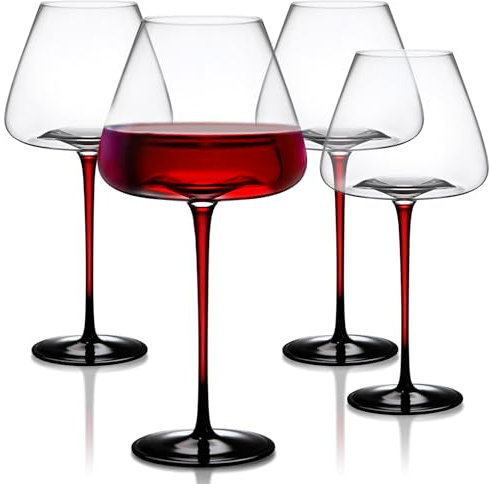 LEMONSODA Concave Champagne & Wine Glasses - Modern Red Stem & Black Bottom for Sparkling Wine, Rosé, Prosecco, Champagne – Handcrafted Barware, Perfect for gift (24oz, Set of 4)