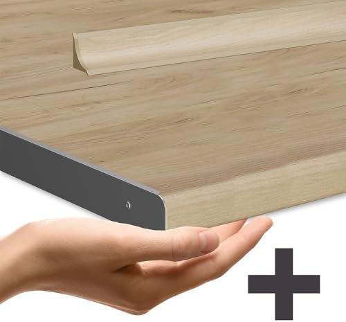 Vicco Küchenzeile R-Line, Edelgrau/Goldkraft Eiche, 300 cm mit Hochschrank, AP Eiche