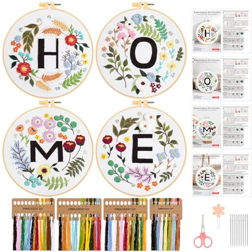 JSRQT 4 set broderikit för nybörjare och vuxna, Home broderisats med blommönster, enkel broderi startsats för gör-det-själv-hantverksälskare, stämplad design korsstygnskit med broderiverktyg