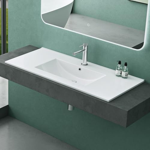 Mai & Mai Lavabo Encastré en Céramique 100cm Blanc Lave Mains Rectangulaire avec Perçage de Robinet et Trop-Plein 101x47x18cm BR911
