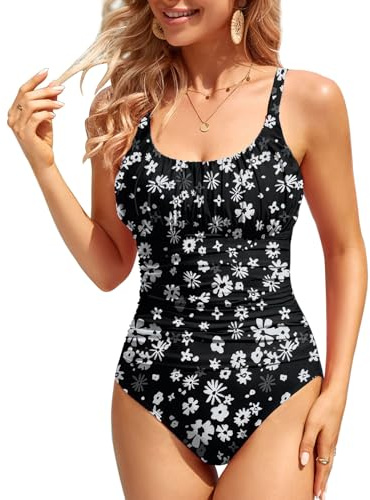 OUSIMEN Traje de baño de una pieza para mujer, con control de abdomen, diseño fruncido, cuello cuadrado, traje de baño modesto, Flor Negro, M