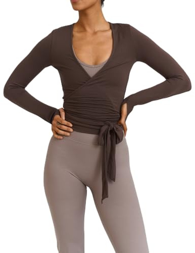 Lomnnes Women Slim Fit Yoga Shirts Workout Wrap Top Sexy V Neck Tie Front Long Sleeve Crop Top Bandage Surplice Wrap Blouse (Coffee, M)