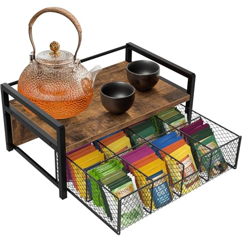 Homode Tea Bag Organizer, Wood Tea Organizers and Storage Chest, Teabag Holder with Storage Drawer,Tea Station Chest Display Container Box for Countertop Kitchen, Rustic Brown