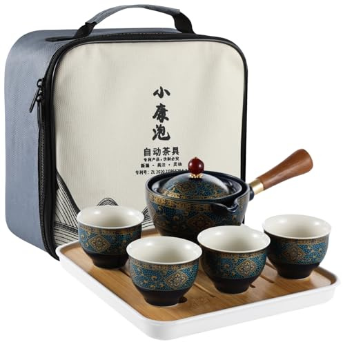 YOFAPA Porcelain Chinese Gongfu Tea Set, Portable Travel Teapot Set with 360°Rotation Tea Maker and Infuser, Ceramic All in One Gift Bag for Home, Office, Travel, Gifting, Magic Teapot Kit