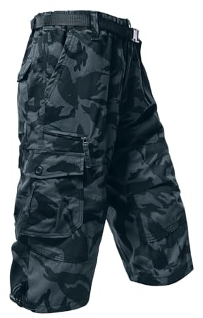 Mens Tactical Cargo Shorts UK Casual 3/4 Length Baggy Combat Trousers Elasticated Waist Ripstop Outdoor Hiking Work Short Pants with Multi Pockets(No Belt)