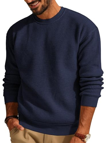 QUNERY Maglione Girocollo da Uomo Pullover Autunno Invernale Maglia Waffle Lavorato Maglioni Casual Manica Lunga Blu Scuro L