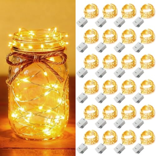 24 Pack Fairy Lights Battery Operated [3 Modes] 7ft 20 LED Mini Twinkle String Lights Waterproof Silver Wire Firefly Starry Lights for Wedding Party Mason Jars Christmas Decorations, Warm White