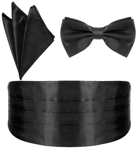 Sorcristy 3er-Set Fliege Herren Mit Einstecktuch Und Kummerbund, Elegantes Vorgebunden, Verstellbar Fliege, Ideal Für Hochzeit, Party, Formelle Anlässe (Schwarz)