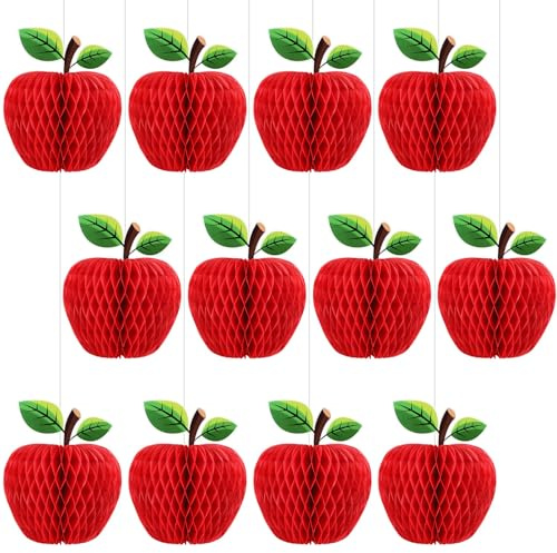 Eersida 12 Pcs Back to School Honeycomb Paper Centerpiece Decoration Large Red Apple Tissue Paper Honeycomb Centerpiece for Tree Hanging 3D Table Decor Party Supplies (7.8inch, Apple)