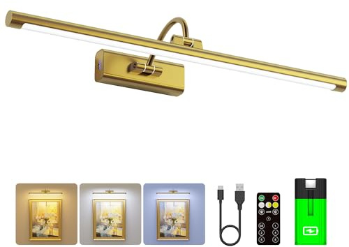 Craftersmark 24 Picture Frame Light with 1pcs Extra 8000mAh Battery - Brass Cordless Rechargeable Wall Sconce with Remote for Office, Hallway & Large Art