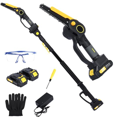 Élagueuse sur perche avec batterie 2-en-1, mini tronçonneuse électrique sans fil avec perche télescopique 1,37-2,18 m, outils de jardin motorisés pour coupe de branches et taille haie