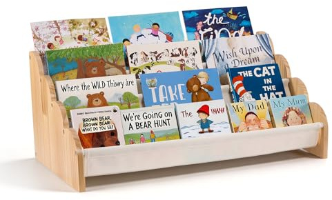 Puricon 4-stufiges Kinderbücherregal, Kinderregal Bücher Regal für Kleinkinder mit Tiefenfächern Wellkant, Frontal-Sling-Buchregal für Kinderzimmer Krippe Spielzimmer und Klassenzimmer -Beige