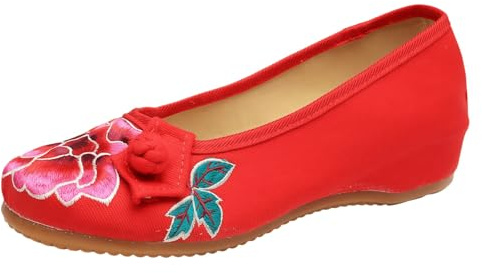 Donna Cinese Ricamate Scarpe a Cuneo Floreale Tradizionale Asiatico Mary Jane Brida Balletto Yoga Scarpe su Tela con Gomma Suola botone Rana