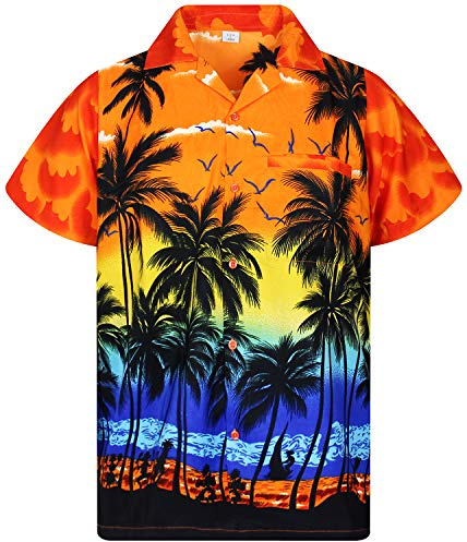 V.H.O. Funky Hawaii-skjorta | Män | Kortärmad | Framficka | Hawaii-tryck | Strand palmer hav | lila, Orange, L